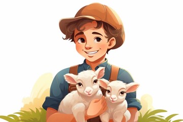 Fototapeta premium Young farmer with lamb in the hands and farm animals - pig, sheep. Cartoon vector illustration on a white background. Successful farmer. Farm Animals illustration