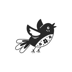 Flying bird black and white doodle vector illustration. Decorative element with flowers for spring and summer. Cartoon wildlife animal. Flight and freedom concept design. Childish drawing. Line art
