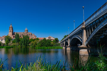 Bridge of Sanchez Fabres in Salamanca over Tormes river and Cathedral, Spain