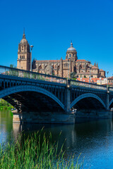 Bridge of Sanchez Fabres in Salamanca over Tormes river and Cathedral, Spain