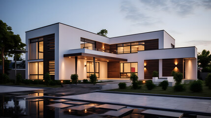 Fototapeta premium High-Resolution Modern House Exterior with Pool, Architectural Photography