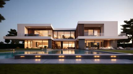 High-Resolution Contemporary House with Pool at Dusk, Architectural Photography