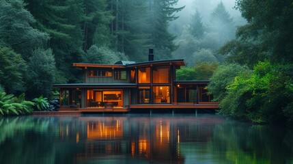 A minimalist and simple craftsman house with clean lines, rustic textures, and earthy tones set among lush green trees and Calm flowing water, reflecting its natural surroundings.