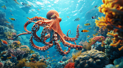 octopus, swimming, underwater, ocean, colored, coral reefs, marine life, aquatic, nature, wildlife,