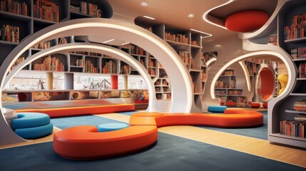 Fototapeta na wymiar Modern library oasis: vibrant children's section, colorful reading nooks, and interactive learning spaces inspiring a passion for reading and exploration