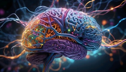 Cross section of the human brain, showcasing different regions and their functions, surrounded by neural connections ai generated