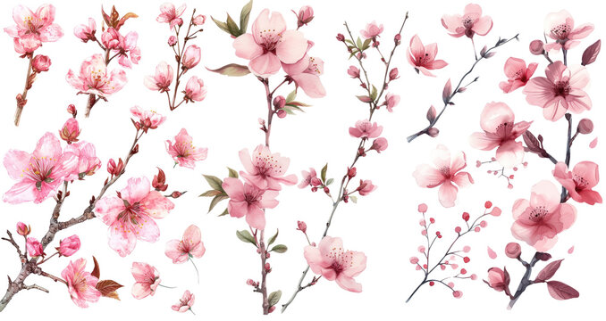 Set of watercolor pink blossom illustration PNG element cut out transparent isolated on white background ,PNG file ,artwork graphic design.