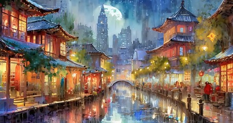 Ai generated colorful city painting,city painting ,city