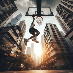Basketball hoop dunk in city urban area, low angle view 
 - obrazy, fototapety, plakaty