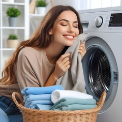 Happy lady closed eyes smell clean fresh linen from the washing machine in a bright room
