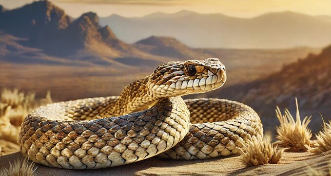 Ai generated realistic shot of rattles snake ,dramatic desert , closeup shot