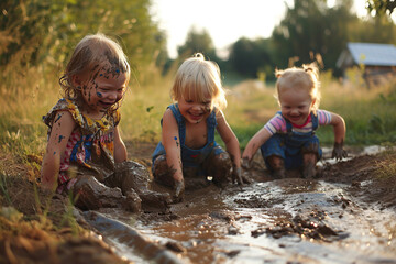 Group of toddlers happily sitting in a mud pit - obrazy, fototapety, plakaty