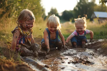 Fotobehang Group of toddlers happily sitting in a mud pit © Digitalphoto 4U