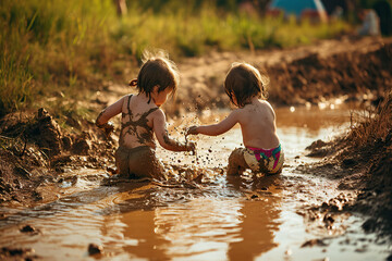 Toddlers in swimsuits are playing in a muddy pool or a shallow mud pit, splashing and throwing mud at each other