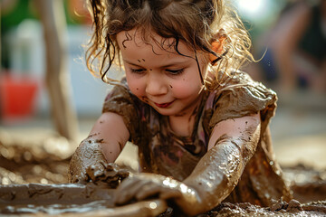 Toddlers playfully play in the mud. - obrazy, fototapety, plakaty