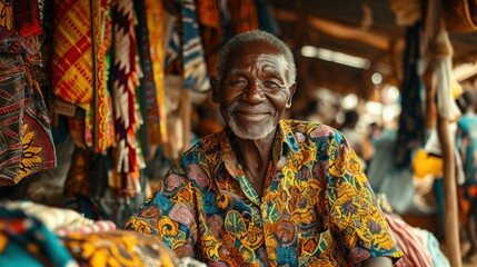 Vibrancy of Life : portrait of pleasant elder man wearing traditional patterns at the African Market