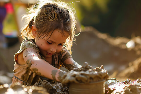 Toddlers playfully play in the mud.