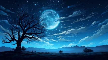 Naadloos Fotobehang Airtex Volle maan en bomen Starry Serenade: Full Moon Vector Art