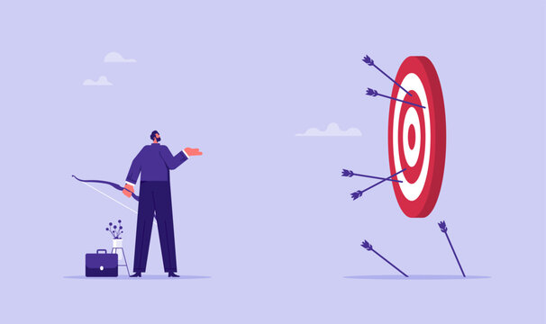 Failure missed business target, mistake or error concept, businessman trying to shoot arrows with bow to hit the bullseye but failed 