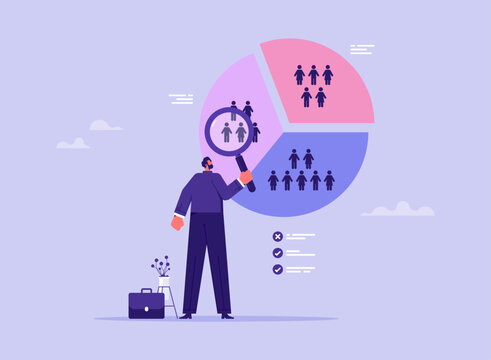 Customer segment analysis for marketing or advertising concept, target audience, consumer or user group, businessman analyzing customer segment pie chart