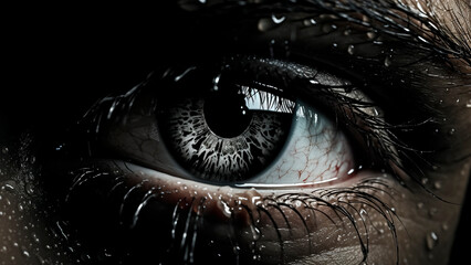 Close up of Beautiful Eye with Water Drops on Face. Dramatic and Expressive. Beauty Campaigns and Artistic Portraits Concept.