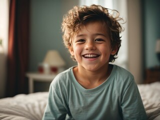 cute kid smiling in the bed, happy kid. Generative AI