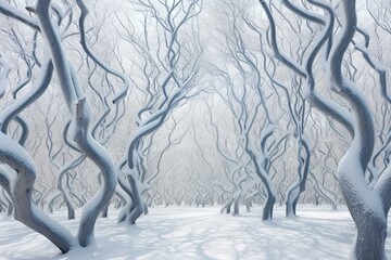 Dreamy patterns of snowy trees with playful swirls. Generative AI