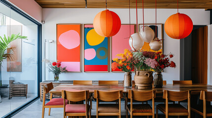 Contemporary Dining Area with Bold Artwork and Hanging Lanterns
