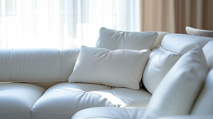 Modern white leather couch with comfortable cushions.
