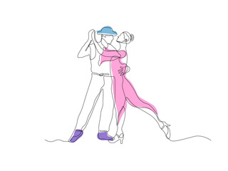 Abstract couple man and woman, dancer dancing tango,waltz ,continuous one line art hand drawing sketch