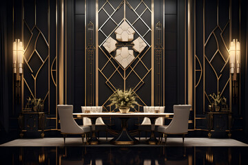 opulent Art Deco dining room with geometric patterns