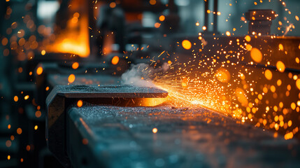 Sparks flying from metalwork in a workshop. - obrazy, fototapety, plakaty