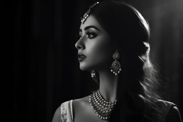 Black and white side portrait of a beautiful female of Indian ethnicity
