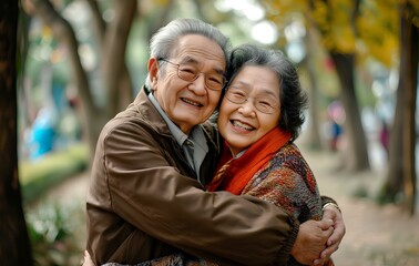 korean happy old couple hugging in the park. generative AI