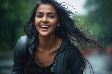 Portrait of a joyful young woman of Indian ethnicity having long flowing hair getting wet in the rain - obrazy, fototapety, plakaty