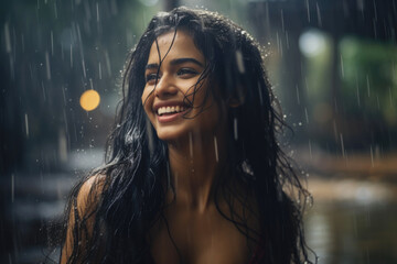 Portrait of a joyful young woman of Indian ethnicity having long flowing hair getting wet in the rain - obrazy, fototapety, plakaty