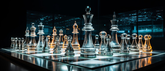 Glass Chess Pieces on Illuminated Board - obrazy, fototapety, plakaty