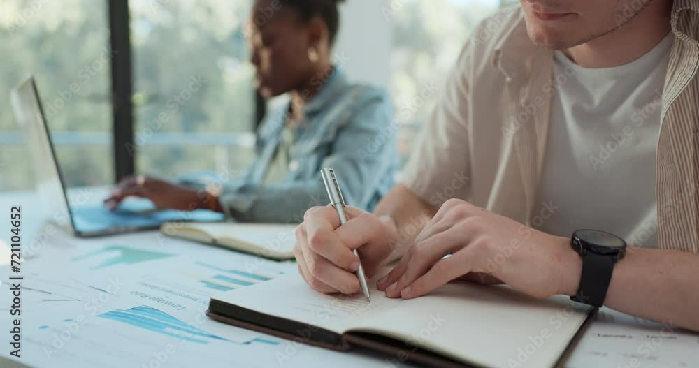 Aufkleber Students, writing and planning in notebook for classroom research, project ideas and brainstorming of statistics. People hands for university or college notes, graphs and charts solution and studying