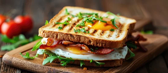 Foto op Canvas Fresh and healthy toasted sandwich with eggs and bacon, made from fresh ingredients. © 2rogan