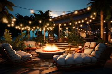 outdoor entertainment space with fireplace - obrazy, fototapety, plakaty