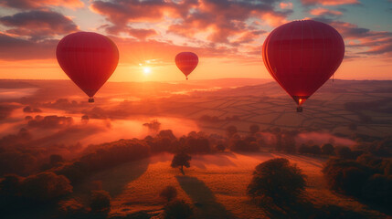hot air balloon over forests at sunset