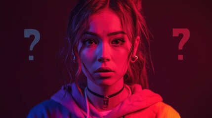 beauty girl wearing sweatshirt, question symbol confused face expression