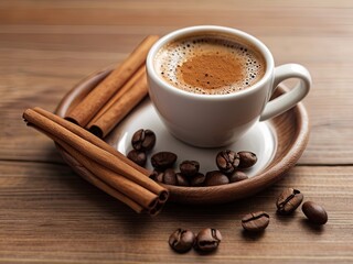 Fototapeta premium A coffee cup on a wooden tray, surrounded by coffee beans and a cinnamon stick