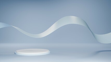 3D Rendering pastel blue background with ribbon and white podium