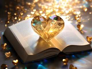 open book on the table, a shining crystal heart, a fabulous reading atmosphere, golden shiny hearts - obrazy, fototapety, plakaty