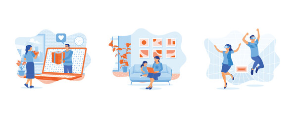 Long distance relationships and virtual dating. Young mother and daughter sitting on the living room sofa. Digital world. set flat vector modern illustration