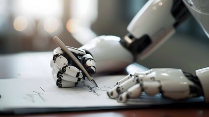 AI robot writing down some notes with pen.