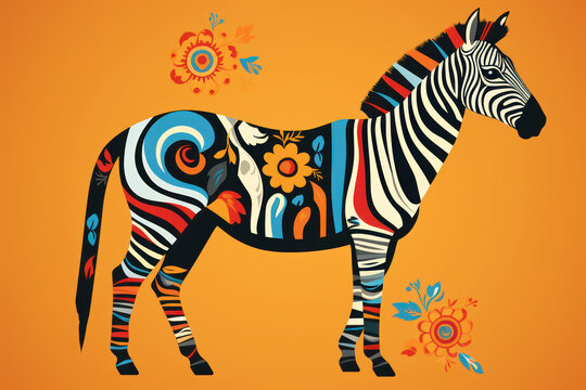 Colorful Wild Zebra: Abstract Illustration of a Striped African Animal in Exotic Safari Camouflage on Floral Background
