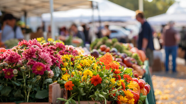 bunter Blumenstand auf Blumenmarkt Generative AI