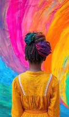 African American lesbian woman wearing multicolored hair and standing on rainbow background